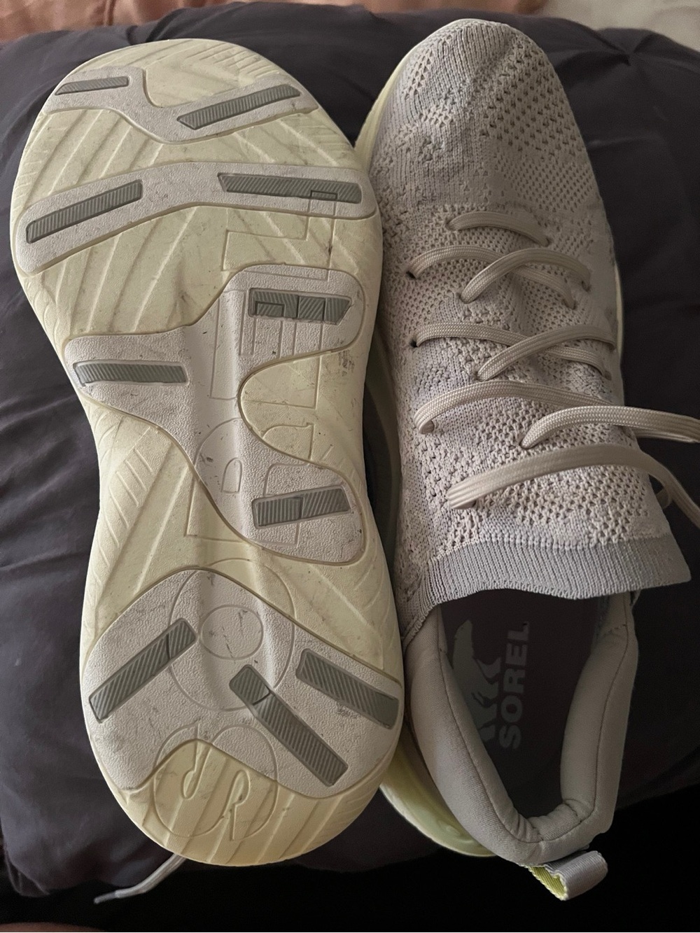 Sorel Knit Lace-Up Sneaker in Light Gray and Cream